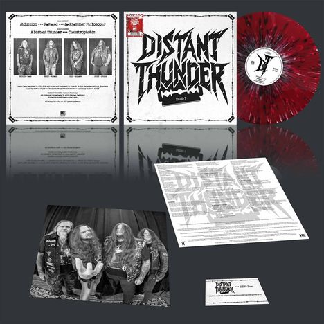 "Distant Thunder DEMO I" auf der Platte und Hülle. Vier Männer mit langen Haaren und Lederjacken. Rote Vinyl-Schallplatte.