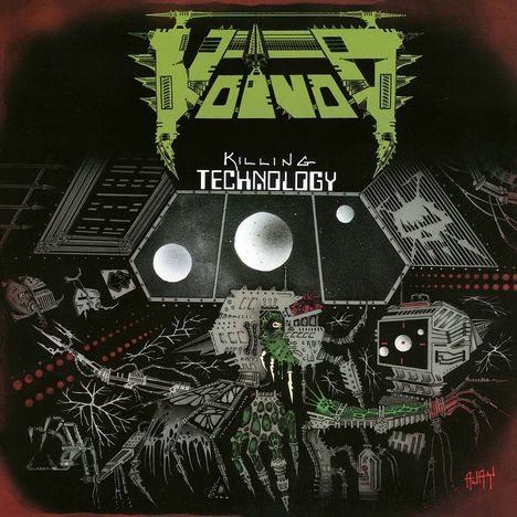 Texte: "VOIVOD", "KILLING TECHNOLOGY". Illustration einer futuristischen, düsteren Maschinenwelt mit einem Cyborg.