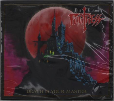 "DEATH IS YOUR MASTER" und "Fili Bibiano's FORTRESS". Illustration einer Burg vor großem roten Mond.