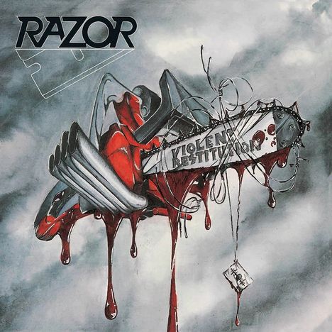 "Razor", "Violent Restitution". Eine blutige Motorsäge zerreißt Metall, mit düsteren Wolken im Hintergrund.