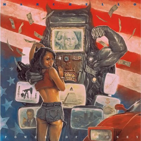 Oben steht "MARCHELLO", unten "POWER OF MONEY". Eine Frau lehnt an einem Automaten mit Geld und Bildschirmen.