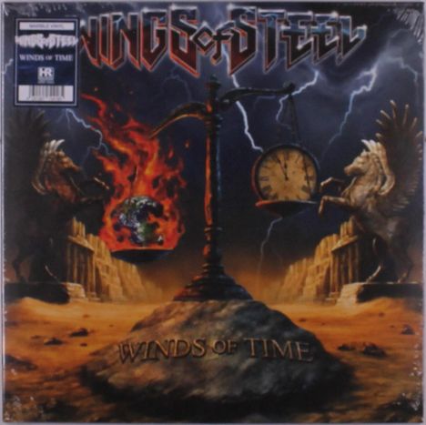 "Wings of Steel", "Winds of Time". Üppige, dramatische Illustration mit Waage, Flammen, Uhr und geflügelten Pferden.