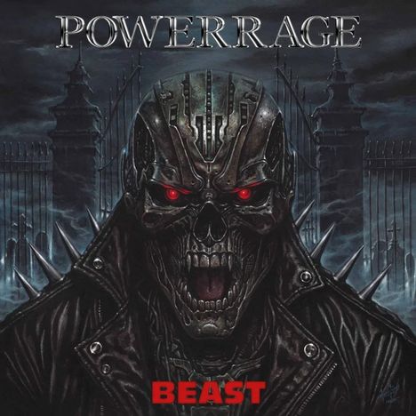 Der Text "POWERRAGE" oben und "BEAST" unten. Dazwischen ein bedrohlicher Metall-Schädel in einer stacheligen Jacke.