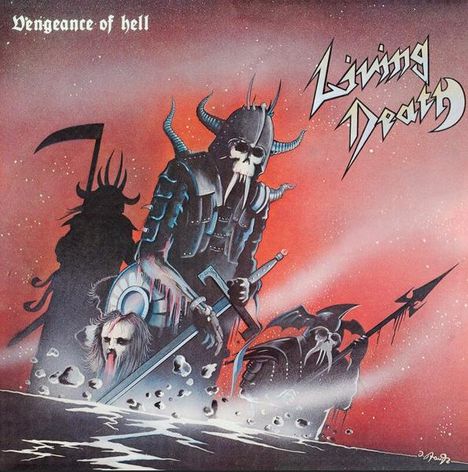„Vengeance of hell“, „Living Death“. Illustration von Skelettkriegern in Rüstungen mit Waffen, rot-schwarzer Hintergrund.