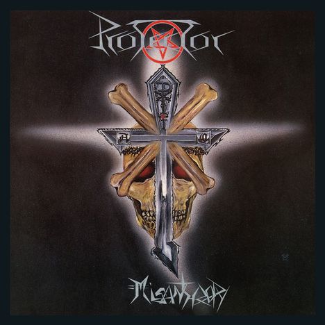Der Text „Protector“ oben, „Misanthropy“ unten. Illustration: Totenkopf mit Kreuz und Knochen durchbohrt.