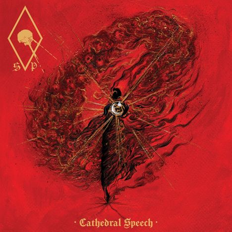 „Cathedral Speech“ in goldener Schrift, rote Illustration mit schwarzer Silhouette und wirbelnden Mustern.