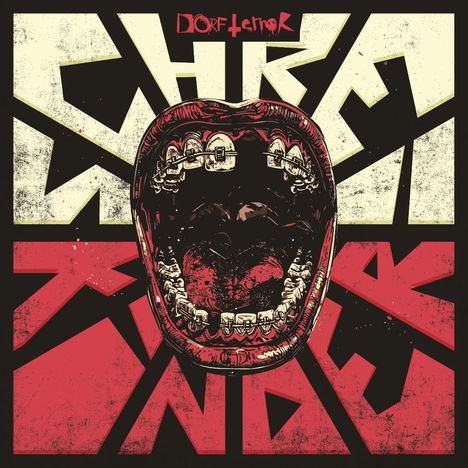 Text: "Dorfterror", "Chronik". Illustration zeigt weit geöffneten Mund mit Zahnspange. Hintergrund geometrisch, rot und beige.