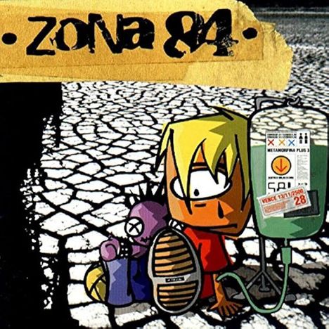 "Zona 84" in handgemalter Schrift auf gelbem Band. Zeichnung: Kind mit Blonden Haaren, Infusion, Spielzeug und rissigem Boden.