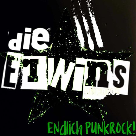 Text: "die ELwins" und "Endlich Punkrock!" auf schwarzem Hintergrund mit grünem Stern voller Farbspritzer.