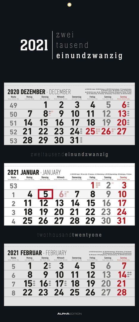 3-Monatskalender 2021 faltbar, Black, Kalender