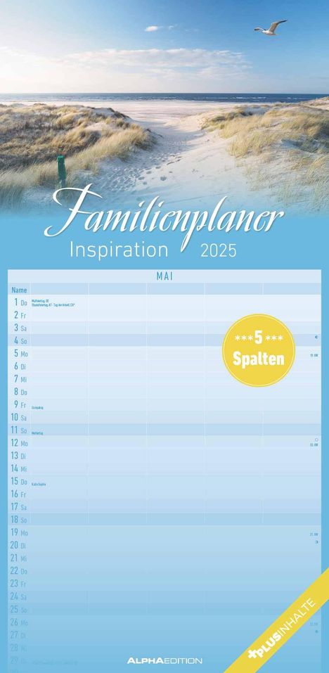 Familienplaner Inspiration 2025 - Familien-Timer 22x45 cm - mit Ferienterminen - 5 Spalten - Wand-Planer - mit vielen Zusatzinformationen - Alpha Edition, Kalender