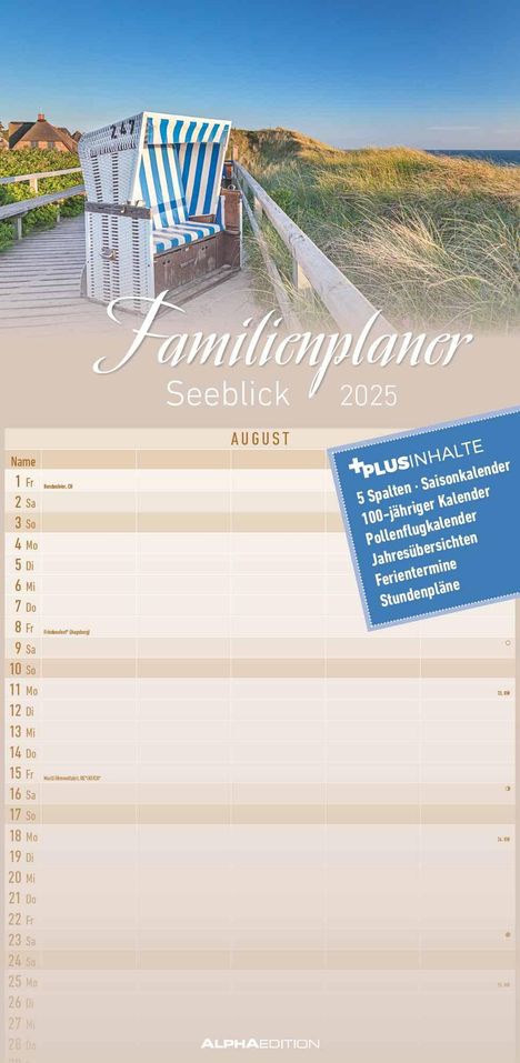 Familienplaner Seeblick 2025 - Familien-Timer 22x45 cm - mit Ferienterminen - 5 Spalten - Wand-Planer - mit vielen Zusatzinformationen - Alpha Edition, Kalender