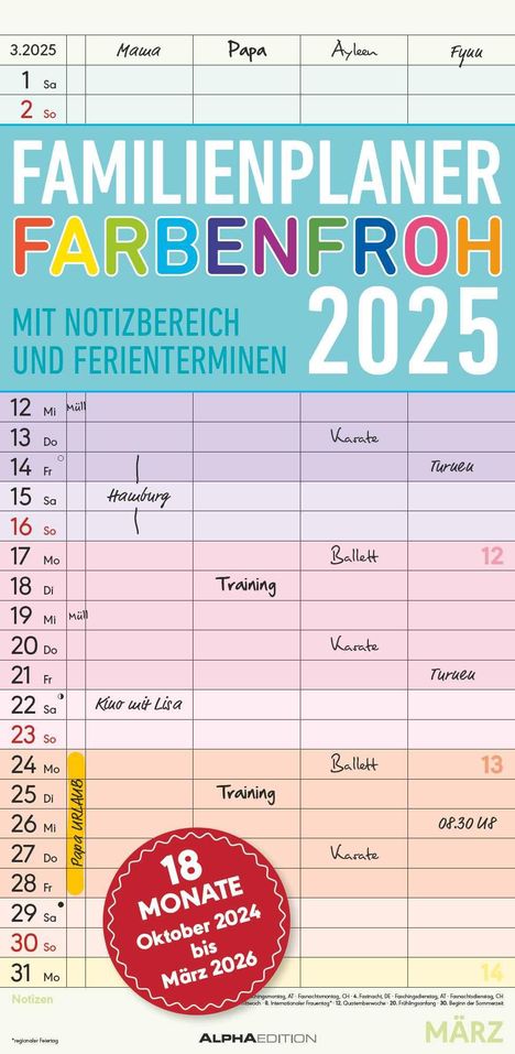 Familienplaner Farbenfroh mit 4 Spalten für 18 Monate 2025 - Familien-Timer 22x45 cm - Offset-Papier - mit Ferienterminen - Wand-Planer - Alpha Edition, Kalender