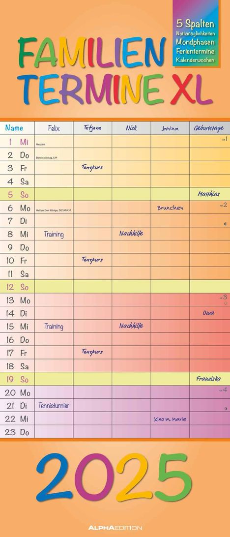 Regenbogen XL 2025 Familienplaner XL - Familienkalender - Terminplaner - 30x70, Kalender