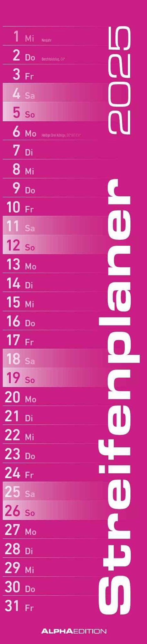 Streifenplaner PINK 2025 - Streifenkalender - Wandplaner - Küchen-Kalender - 11,3x49,5, Kalender