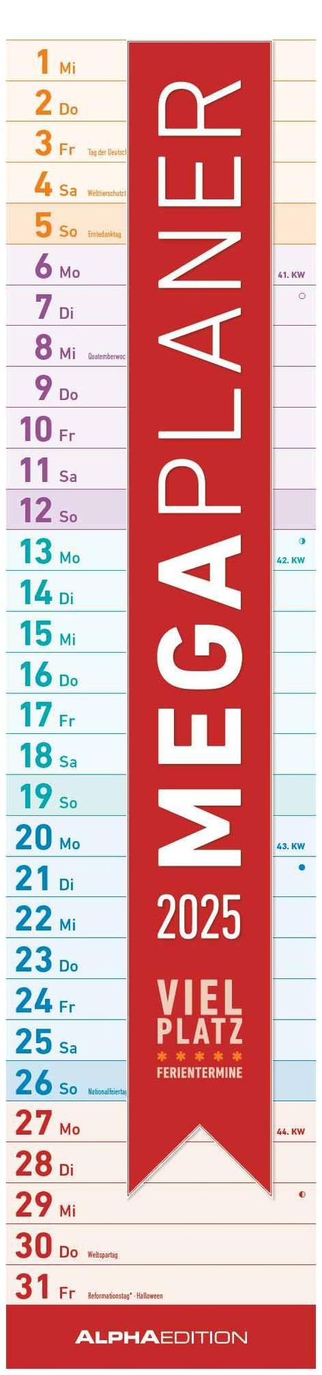 Megaplaner 2025 - Streifen-Kalender 15x64 cm - mit Ferienterminen - viel Platz für Notizen - Wandplaner - Küchenkalender - Alpha Edition, Kalender