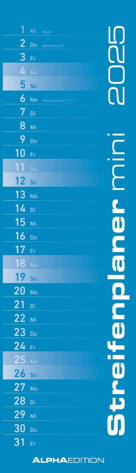 Streifenplaner Mini BLAU 2025 - Streifenkalender - Wandplaner - Küchen-Kalender - 9,5x33, Kalender