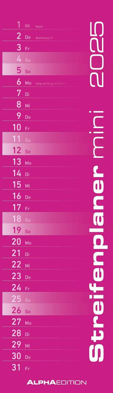 Streifenplaner Mini PINK 2025 - Streifenkalender - Wandplaner - Küchen-Kalender - 9,5x33, Kalender