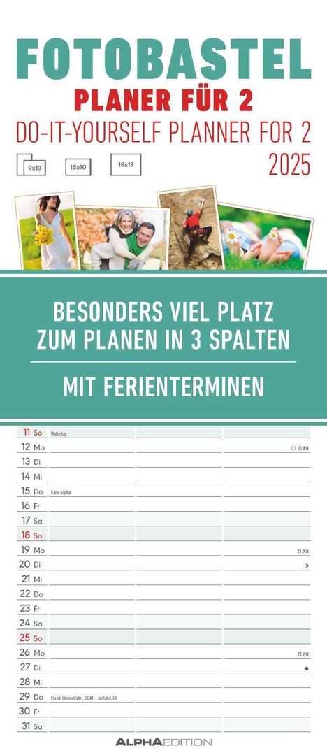 Foto-Bastelplaner für 2 - Kalender 2025 - Bastel-Kalender - Do it yourself calendar 19,5x45 cm - datiert - 3 Spalten - mit Ferienterminen - Foto-Kalender - Alpha Edition, Kalender