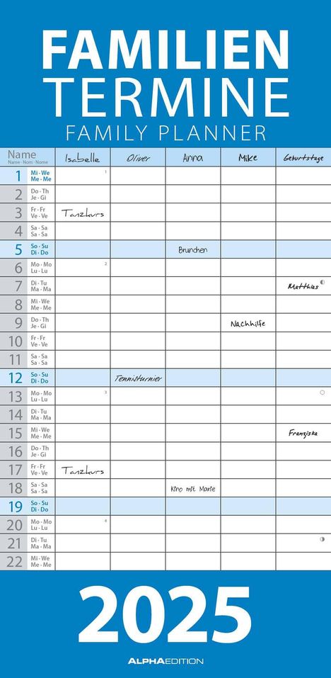 Blau 2025 Familienplaner - Familien-Timer - Termin-Planer - Kinder-Kalender - Familien-Kalender - 22x45, Kalender