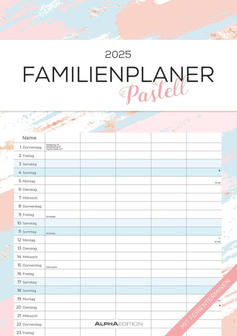 Familienplaner Pastell 2025 - Familienkalender A3 (29,7x42 cm) - mit 5 Spalten, Ferienterminen (DE/AT/CH) und viel Platz für Notizen - Wandkalender, Kalender