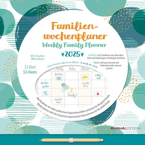 Familien Wochenkalender Dots 2025 - Familien-Timer - Termin-Planer - Kinder-Kalender - Familien-Kalender - 30,5x30,5, Kalender