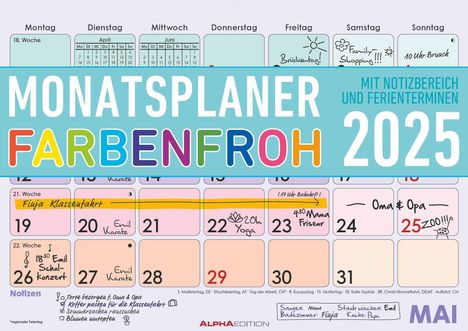 Monatsterminkalender Farbenfroh 2025 29,7x21 1M/1S, Kalender