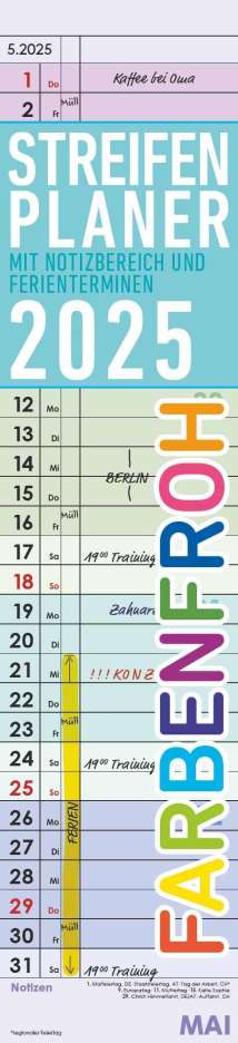 Streifenplaner Farbenfroh 2025 - Streifen-Kalender 11,3x49x5 cm - Küchenkalender - Wandplaner - Alpha Edition, Kalender