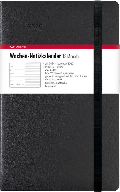 Wochen Notizkalender 18 Monate groß Black 2025 - Taschen-Kalender 13x21 cm - mit Verschlussband &amp; Falttasche - Juli 2024 bis Dez 2025 - Weekly - 128 Seiten, Buch