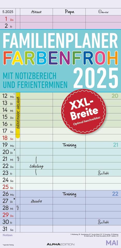 Familienplaner Farbenfroh 2025 - Familien-Timer 22x45 cm - mit Ferienterminen - 3 Spalten - Wand-Planer - mit vielen Zusatzinformationen - Alpha Edition, Kalender