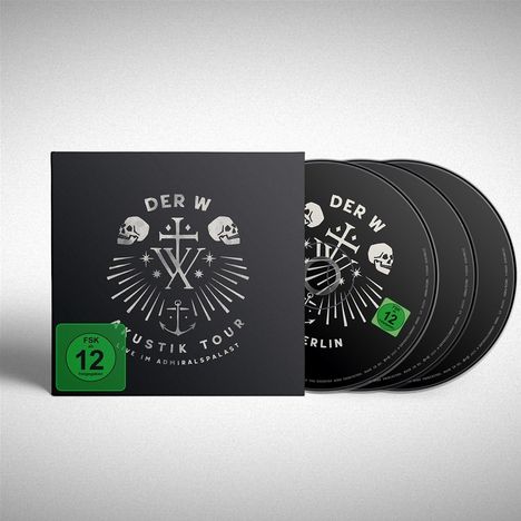 FSK 12. Der W Akustik Tour. Live im Admiralspalast. Schwarzes Cover mit weißen grafischen Elementen und Totenköpfen.