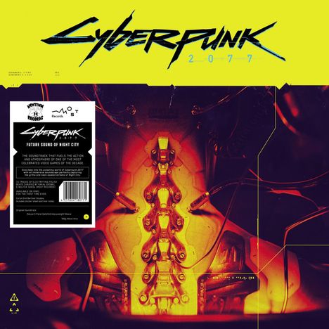 Titeltext: "Cyberpunk 2077". 

Ein stilisiertes Rückgrat mit Kabeln vor gelbem Hintergrund.