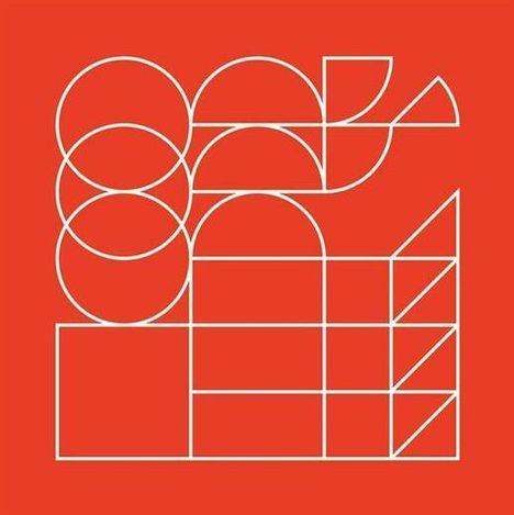 Weiße geometrische Formen auf rotem Hintergrund bilden eine abstrakte Darstellung.