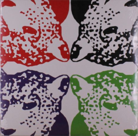 Vier stilisierte Leopardenköpfe in Pop-Art-Farben: Rot, Schwarz, Violett, Grün.