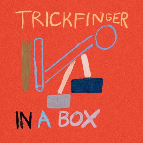 „TRICKFINGER IN A BOX“ steht auf rotem Hintergrund, darunter abstrakte geometrische Formen in verschiedenen Farben.