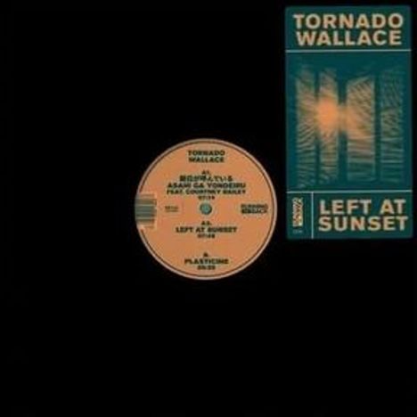 Text: "Tornado Wallace", "Left at Sunset". Eine Schallplatte und ein Cover mit blauem Hintergrund und grafischem Design.