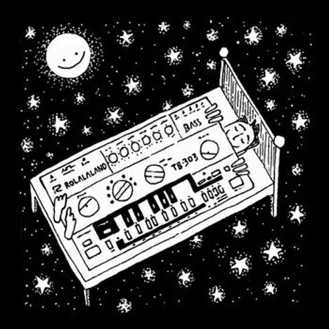 „TB 303, BASS“ steht auf einem stilisierten Synthesizer, der als Bett dient. Ein lächelnder Mond und Sterne umgeben ihn.