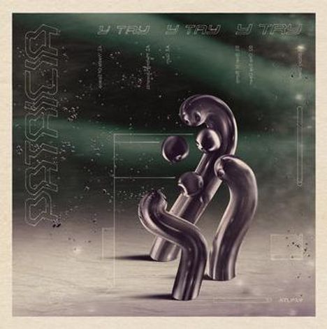Text: „U TRY“ wiederholt. Illustration von glänzenden, abstrakten Figuren in einer dunklen, futuristischen Umgebung.
