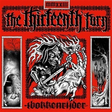 MMXXIII, the thirteenth fury, botschenrieder. Illustration mit unheimlichen, schwarzen und weißen Motiven auf rotem Hintergrund.