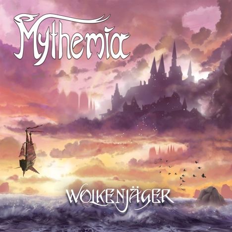 „Mythemia“ oben, „Wolkenjäger“ unten, im Hintergrund eine Burg und Wolken. Ein fliegendes Schiff links.