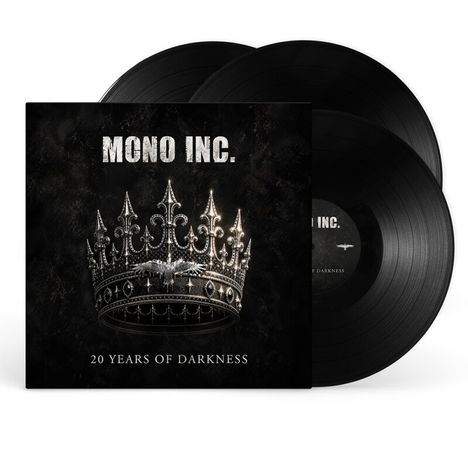 Text: "MONO INC." oben und "20 Years of Darkness" unten. Illustration einer detaillierten Krone auf dunklem Hintergrund.