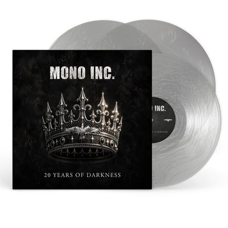 Text: "MONO INC." und "20 YEARS OF DARKNESS". Eine detailreiche, glänzende Krone auf dunklem Hintergrund.