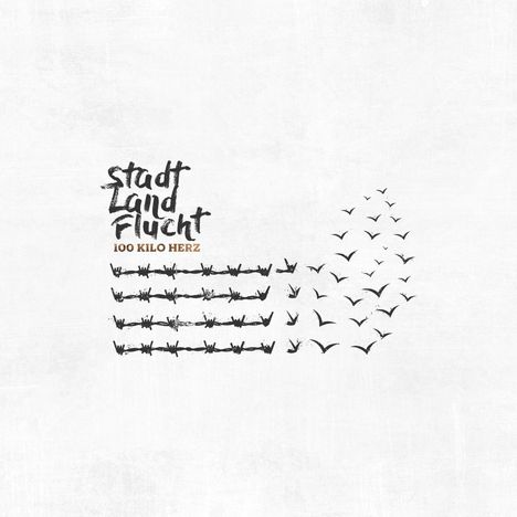 „Stadt Land Flucht“ und „100 Kilo Herz“. Illustration mit Stacheldraht, der sich in fliegende Vögel verwandelt.