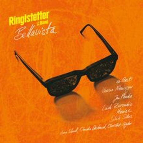 Text: "Ringlstetter & Band Bellavista". Schwarze Brille auf orangefarbenem Hintergrund.