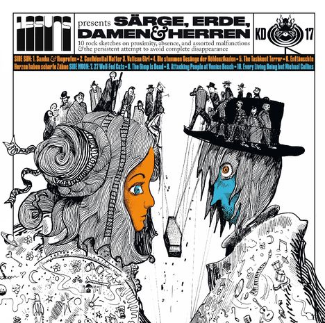 Albumtitel "Särge, Erde, Damen & Herren". Bunte Illustration: Zwei Figuren mit Details und Muster, eine mit orangem Gesicht.