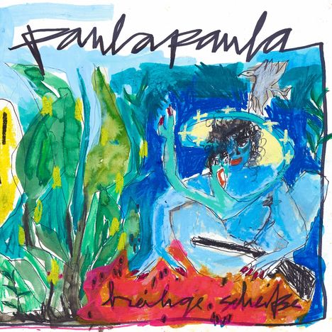 Text: "Paula Paula" und "dreihase schwarse". Bunte Illustration mit Pflanzen, Vogel und einer Person mit Hut.