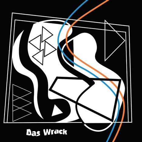 „Das Wrack“ steht unter abstrakten Schwarz-Weiß-Formen mit blauen und orangefarbenen Linien.