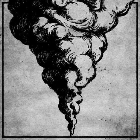 Eine detaillierte Schwarz-Weiß-Illustration zeigt eine spiralförmige Rauchwolke, die von oben herabfällt.