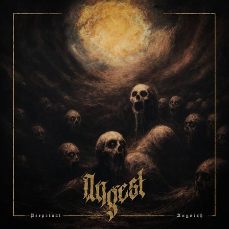 „Ängst“ in gotischer Schrift, „Perpetual Anguish“ darunter. Schädel ragen aus einer dunklen, stürmischen Umgebung hervor.