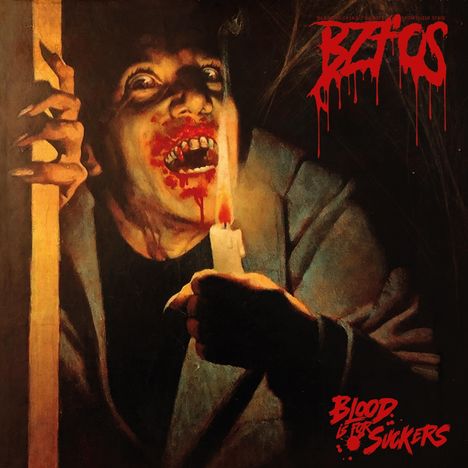 Text: "BZFOS" und "Blood Is For Suckers". Illustration eines entsetzten Gesichts, blutverschmierte Lippen, Kerzenlicht.